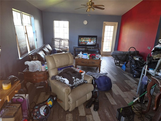 5420 Bay Blvd, Port Richey, FL 34668 - living room with wood finished floors, a ceiling fan, and plenty of natural light