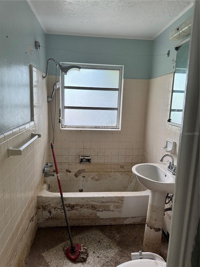 34767 Evergreen Way, Ridge Manor, FL 33523 - full bath with tile walls, plenty of natural light, crown molding, a textured ceiling, and a wainscoted wall