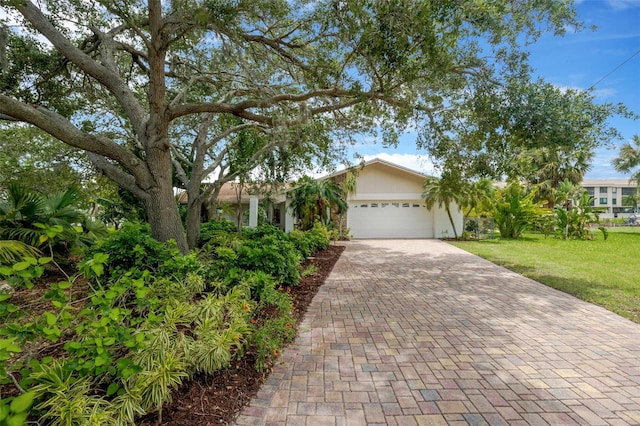 8143 Channel Dr, Port Richey, FL 34668 - view of front of home featuring decorative driveway, an attached garage, and a front lawn
