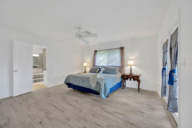 8143 Channel Dr, Port Richey, FL 34668 - bedroom featuring light wood finished floors, ensuite bath, and ceiling fan