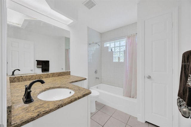 8143 Channel Dr, Port Richey, FL 34668 - bathroom featuring vanity, shower / bathtub combination with curtain, and tile patterned flooring