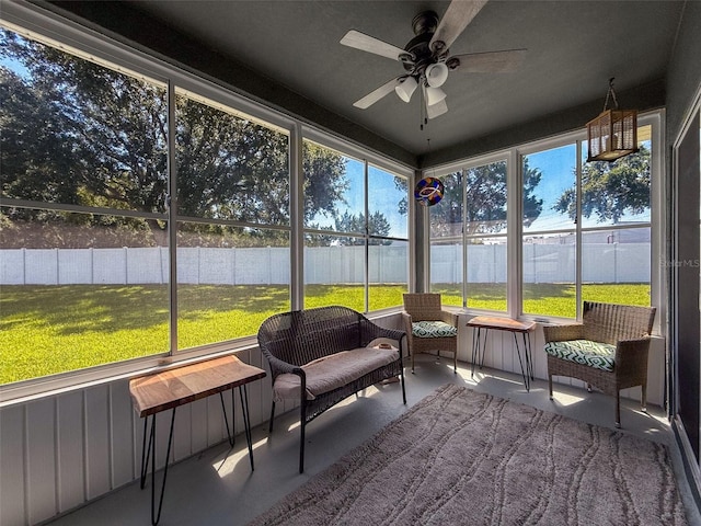 8855 Prairie Creek Dr, New Port Richey, FL 34655 - sunroom / solarium featuring a ceiling fan and a water view