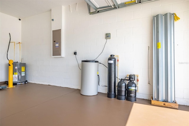 12119 Barnsley Reserve Pl, Gibsonton, FL 33534 - garage with electric panel, water heater, and concrete block wall