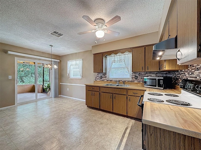 11094 Auburndale St, Spring Hill, FL 34609 - kitchen featuring under cabinet range hood, stainless steel microwave, a chandelier, tasteful backsplash, and a ceiling fan