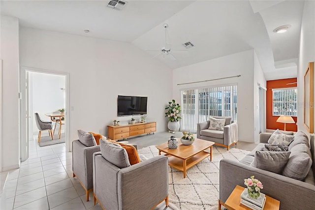 10394 Ireland St, Spring Hill, FL 34608 - living room featuring high vaulted ceiling, a ceiling fan, and light tile patterned flooring