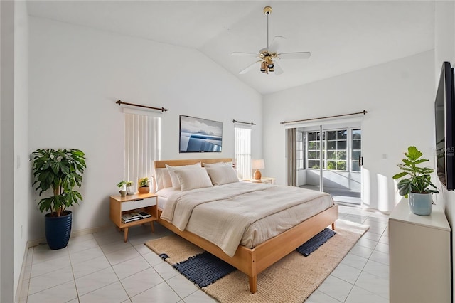 10394 Ireland St, Spring Hill, FL 34608 - bedroom featuring light tile patterned flooring, high vaulted ceiling, access to outside, and a ceiling fan