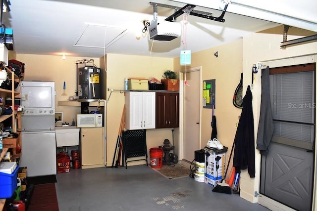 6575 Brambleleaf Dr, Spring Hill, FL 34606 - garage featuring stacked washer and clothes dryer, a garage door opener, and water heater