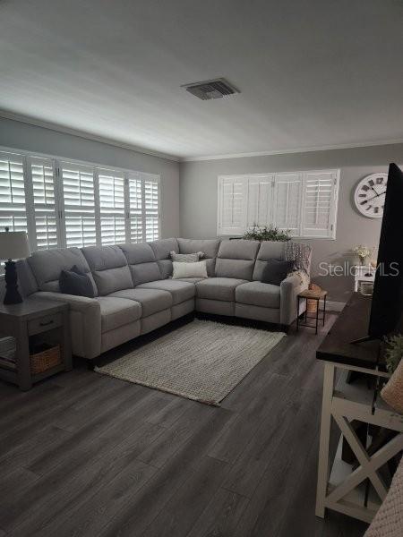 5710 Broadway Ave, New Port Richey, FL 34652 - living room with ornamental molding and dark wood finished floors