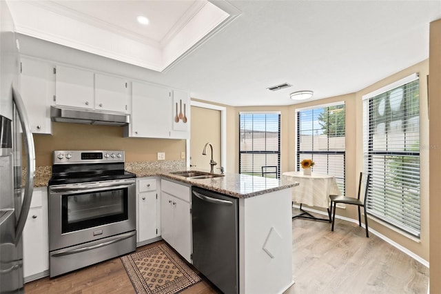 6085 Pekin Ct, Spring Hill, FL 34606 - kitchen featuring stainless steel appliances, under cabinet range hood, a peninsula, light wood-style floors, and white cabinets