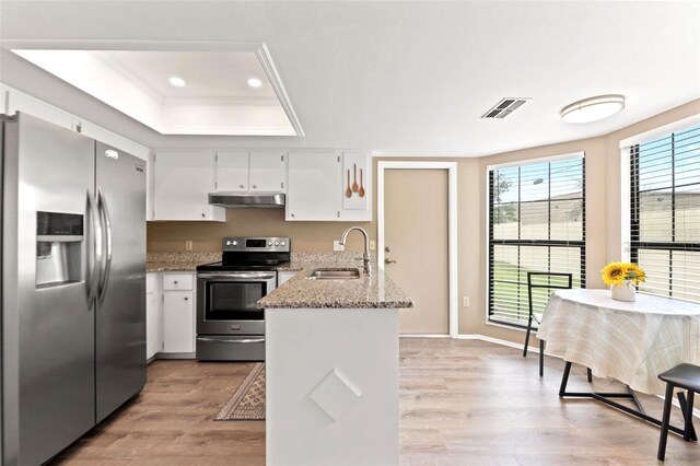 6085 Pekin Ct, Spring Hill, FL 34606 - kitchen with stainless steel appliances, ventilation hood, a peninsula, light wood-type flooring, and recessed lighting