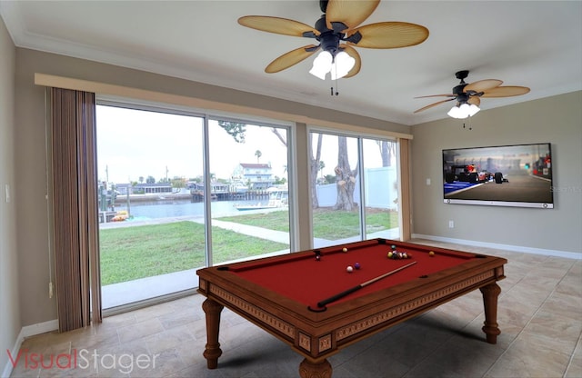 13637 Lagoon Dr, Hudson, FL 34667 - rec room with a ceiling fan, crown molding, and billiards
