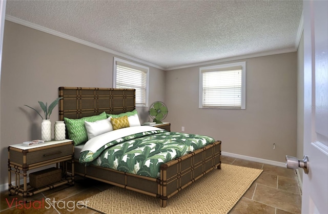 13637 Lagoon Dr, Hudson, FL 34667 - bedroom with a textured ceiling, crown molding, and stone tile flooring