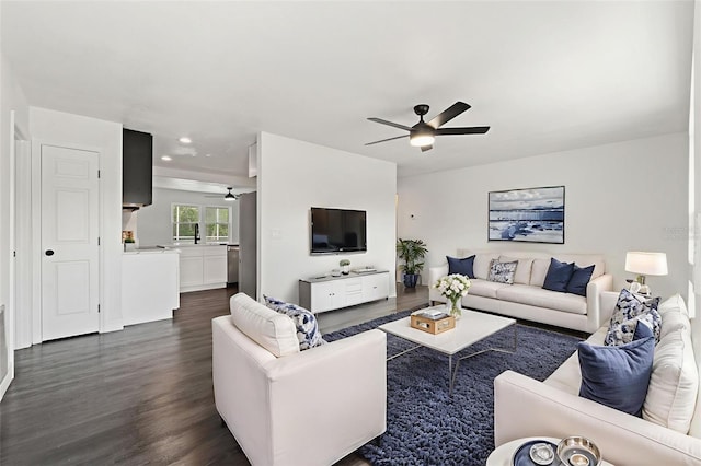 1324 Newhope Rd, Spring Hill, FL 34606 - living area with ceiling fan, dark wood-style flooring, and recessed lighting
