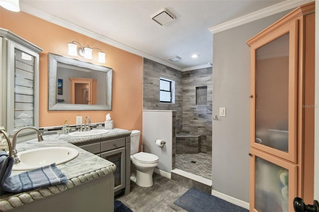 18531 Ozark Dr, Hudson, FL 34667 - bathroom featuring crown molding, vanity, walk in shower, and recessed lighting