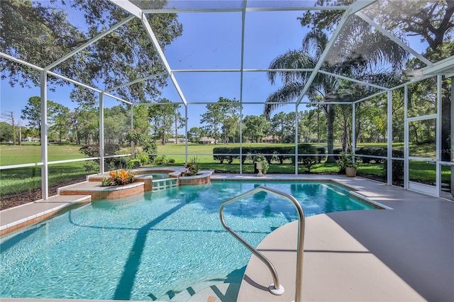 5301 Legend Hills Ln, Spring Hill, FL 34609 - view of swimming pool featuring glass enclosure, a patio area, and a pool with connected hot tub
