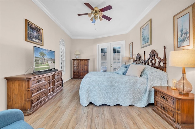 1610 Winding Willow Dr, Trinity, FL 34655 - bedroom featuring light wood-type flooring, ornamental molding, access to exterior, ceiling fan, and french doors