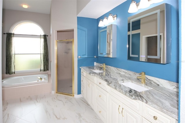 8311 Coral Creek Loop, Hudson, FL 34667 - bathroom with double vanity, a stall shower, a garden tub, and marble finish flooring