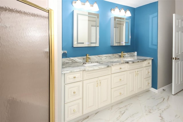 8311 Coral Creek Loop, Hudson, FL 34667 - full bath featuring a stall shower, double vanity, and marble finish floors
