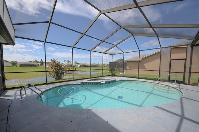 8311 Coral Creek Loop, Hudson, FL 34667 - view of pool with a water view, a patio, glass enclosure, and a pool with connected hot tub