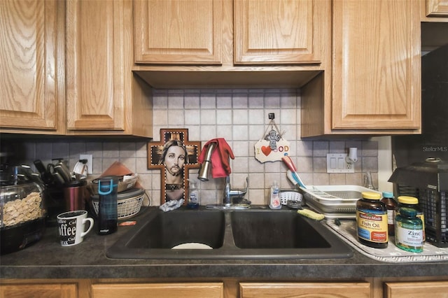 6428 Kentfield Ave, New Port Richey, FL 34653 - kitchen featuring tasteful backsplash, dark countertops, and light brown cabinetry