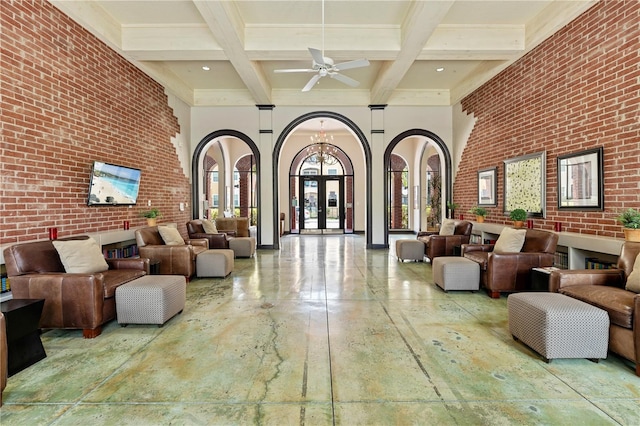 2010 E Palm Ave Unit 14312, Tampa, FL 33605 - common area with brick wall, beamed ceiling, a high ceiling, and coffered ceiling