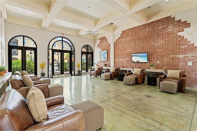 2010 E Palm Ave Unit 14312, Tampa, FL 33605 - common area with beam ceiling, coffered ceiling, brick wall, a towering ceiling, and recessed lighting