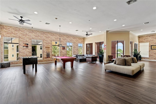 2010 E Palm Ave Unit 14312, Tampa, FL 33605 - rec room featuring brick wall, recessed lighting, billiards, ceiling fan, and dark wood-type flooring
