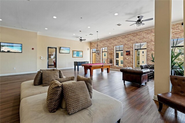 2010 E Palm Ave Unit 14312, Tampa, FL 33605 - game room featuring a ceiling fan, recessed lighting, billiards table, wood finished floors, and brick wall