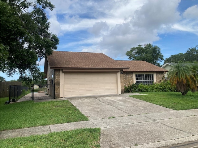 7806 Jenner Ave, New Port Richey, FL 34655 - ranch-style home with stone siding, concrete driveway, an attached garage, and a shingled roof