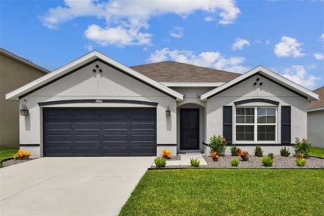11861 Downy Birch Dr, Riverview, FL 33569 - ranch-style home featuring a garage, concrete driveway, a front yard, and stucco siding