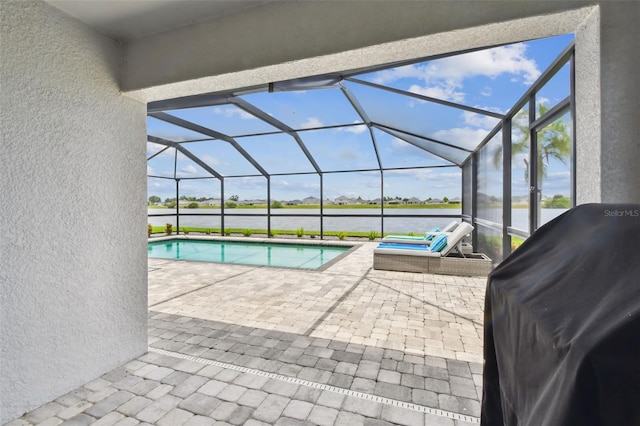 11861 Downy Birch Dr, Riverview, FL 33569 - swimming pool with a grill, a water view, a patio area, and glass enclosure