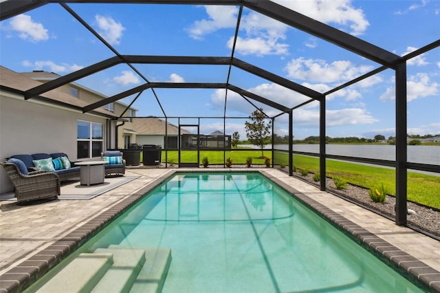 11861 Downy Birch Dr, Riverview, FL 33569 - swimming pool with a patio, outdoor lounge area, a water view, a lawn, and a lanai