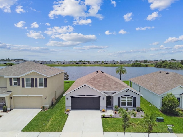 11861 Downy Birch Dr, Riverview, FL 33569 - ranch-style home featuring driveway, a water view, a front yard, and stucco siding