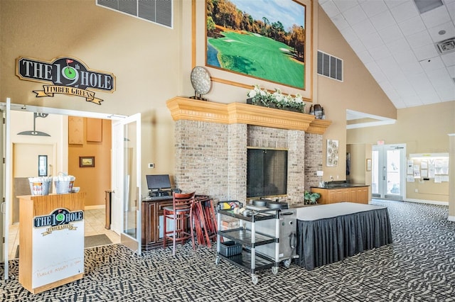 9626 Woodhollow Ct, New Port Richey, FL 34655 - living room featuring high vaulted ceiling, carpet, and a brick fireplace