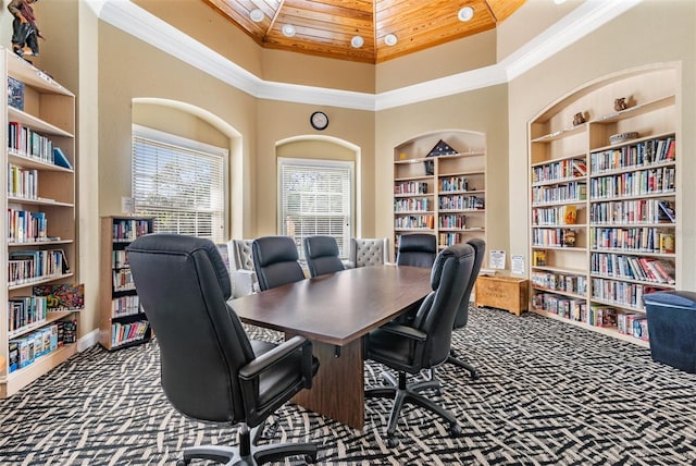 9626 Woodhollow Ct, New Port Richey, FL 34655 - office with bookshelves, carpet, built in features, and a high ceiling