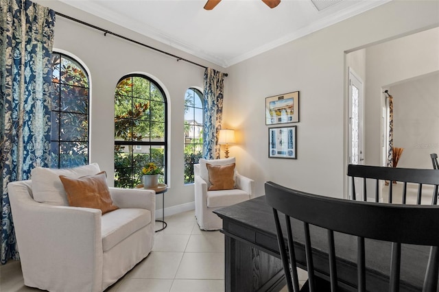13208 Fawn Lily Dr, Riverview, FL 33579 - bedroom with crown molding, light tile patterned floors, and ceiling fan