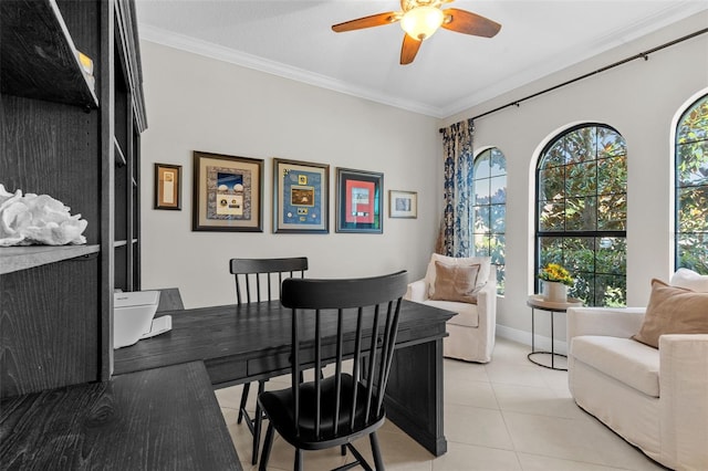 13208 Fawn Lily Dr, Riverview, FL 33579 - office area with a ceiling fan, ornamental molding, and light tile patterned floors