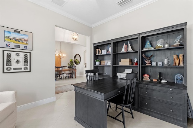 13208 Fawn Lily Dr, Riverview, FL 33579 - home office featuring ornamental molding, light tile patterned floors, a chandelier, and arched walkways