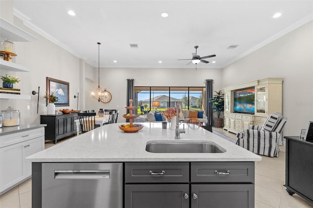 13208 Fawn Lily Dr, Riverview, FL 33579 - kitchen with stainless steel dishwasher, open shelves, gray cabinetry, a kitchen island with sink, and recessed lighting