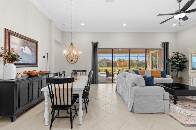 13208 Fawn Lily Dr, Riverview, FL 33579 - dining room featuring a chandelier, healthy amount of natural light, a ceiling fan, crown molding, and recessed lighting