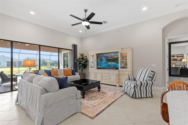 13208 Fawn Lily Dr, Riverview, FL 33579 - living room featuring a ceiling fan, light tile patterned flooring, recessed lighting, ornamental molding, and a sunroom