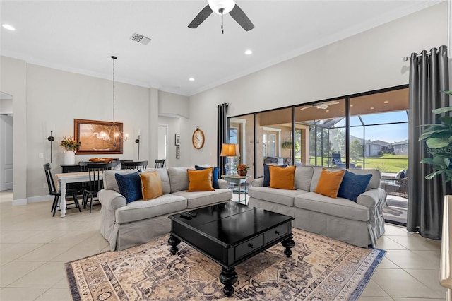13208 Fawn Lily Dr, Riverview, FL 33579 - living room featuring arched walkways, light tile patterned floors, ceiling fan, ornamental molding, and a towering ceiling