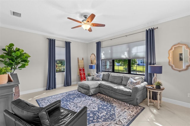 13208 Fawn Lily Dr, Riverview, FL 33579 - living room featuring plenty of natural light, a ceiling fan, ornamental molding, and light tile patterned floors