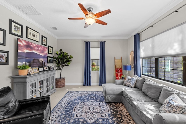 13208 Fawn Lily Dr, Riverview, FL 33579 - living room with a ceiling fan, crown molding, and tile patterned flooring
