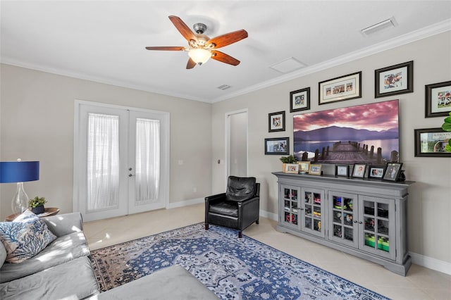 13208 Fawn Lily Dr, Riverview, FL 33579 - living room featuring tile patterned flooring, a ceiling fan, french doors, and ornamental molding