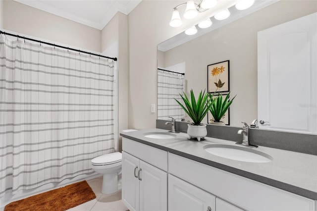 13208 Fawn Lily Dr, Riverview, FL 33579 - bathroom featuring double vanity, a shower with shower curtain, tile patterned flooring, and ornamental molding