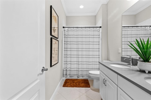 13208 Fawn Lily Dr, Riverview, FL 33579 - full bathroom with double vanity, crown molding, tile patterned floors, and curtained shower