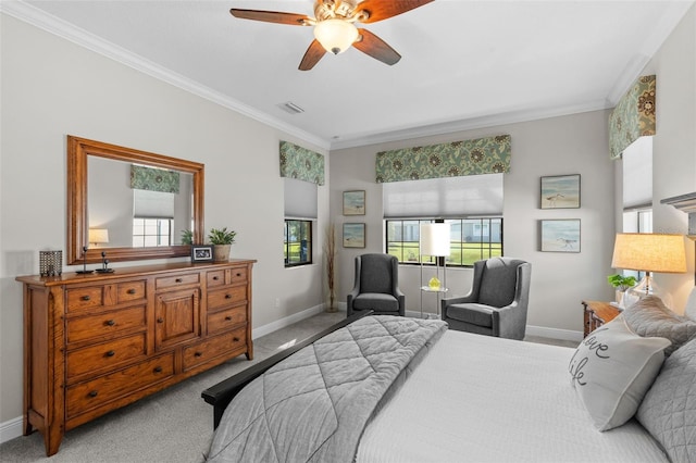 13208 Fawn Lily Dr, Riverview, FL 33579 - bedroom featuring ornamental molding, multiple windows, light carpet, and a ceiling fan