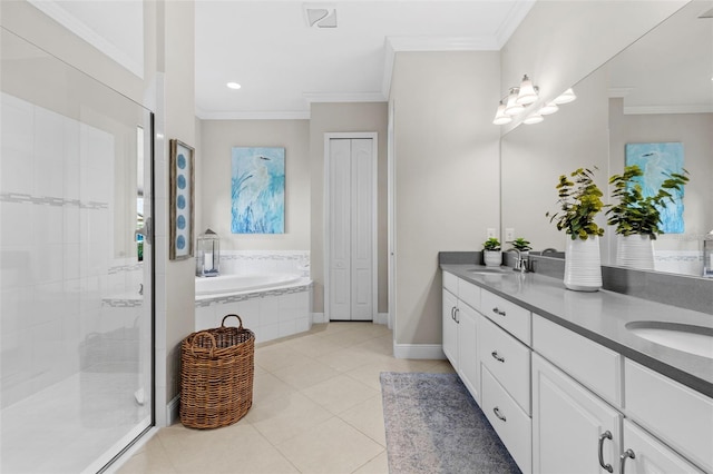 13208 Fawn Lily Dr, Riverview, FL 33579 - bathroom featuring double vanity, a garden tub, a shower stall, ornamental molding, and tile patterned floors