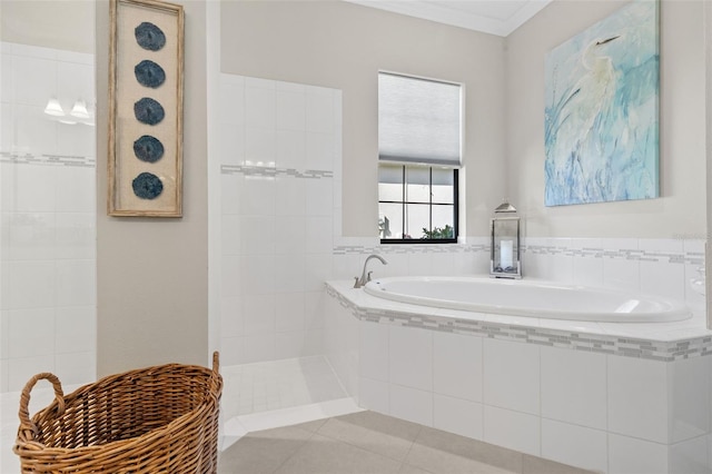 13208 Fawn Lily Dr, Riverview, FL 33579 - bathroom with a garden tub, tile patterned floors, and a walk in shower